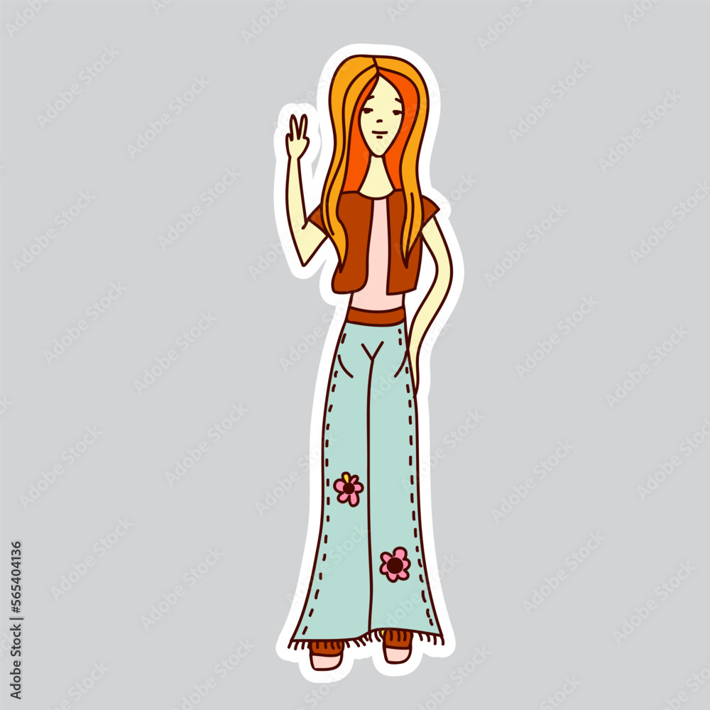 70s styles vector doodle sticker. Hippie girl. 70s styles vector doodle sticker. Hippie girl.