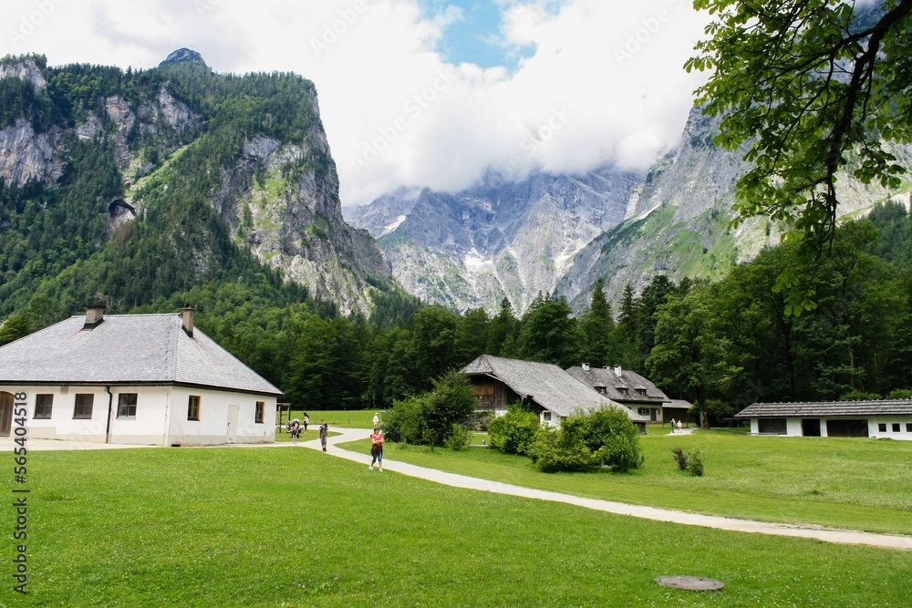 Panorama of the mountain valley near Konigsee lake