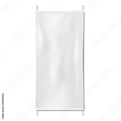 Pinned blank white wall banner realistic vector mock-up. Empty advertising poster mockup. Template for design