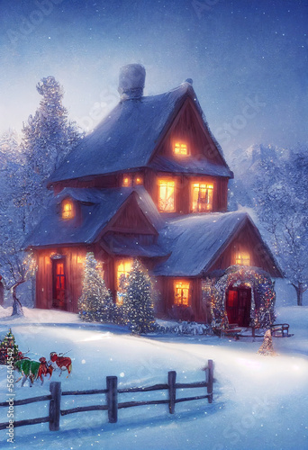 Beautiful winter house and christmas tree on the mountain Generative AI Content by Midjourney