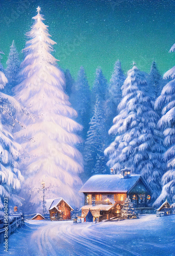 Beautiful winter house and christmas tree on the mountain Generative AI Content by Midjourney