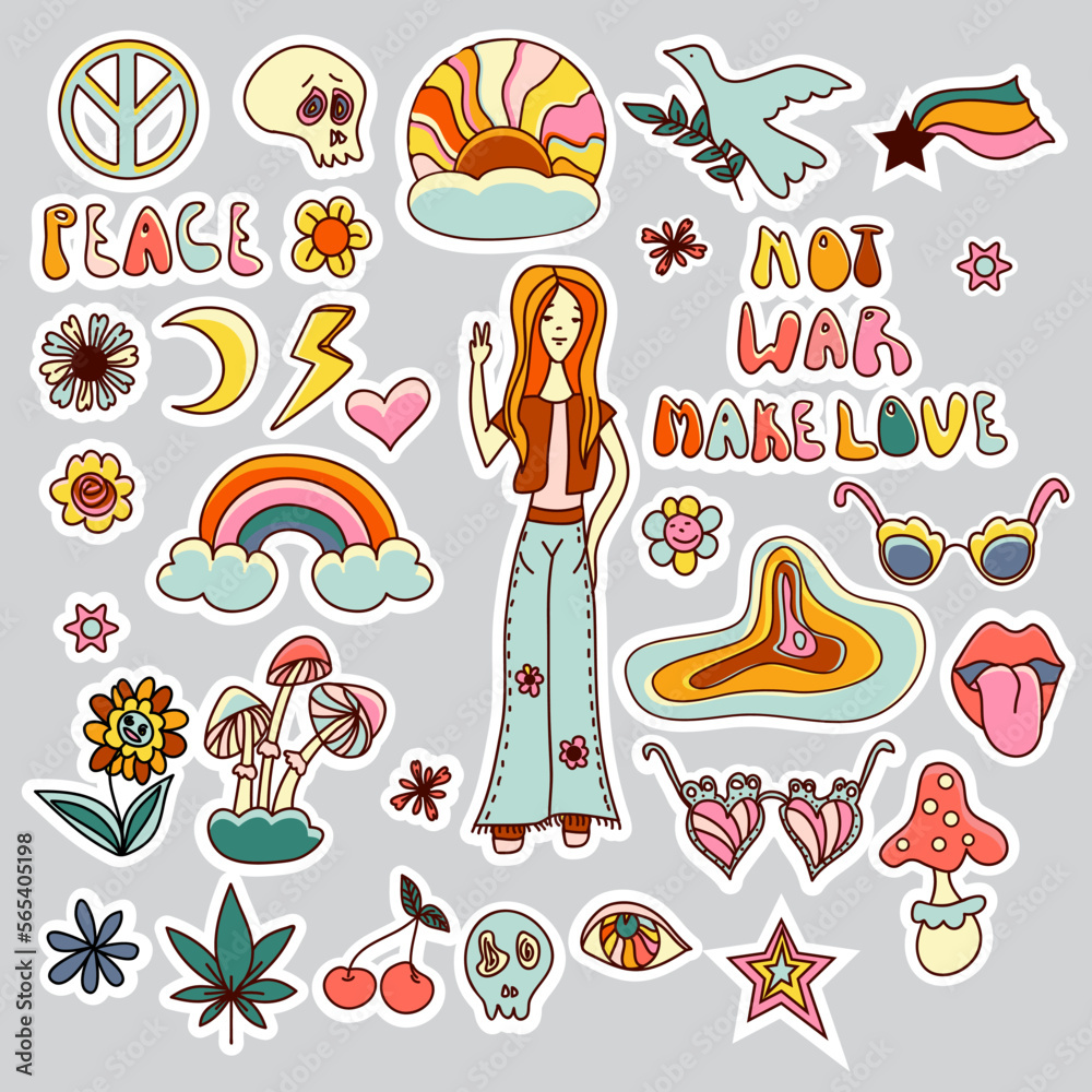 Naklejka premium Hand drawn doodle Hippies stickers set. Not war make love, peace. Vector 70s.
