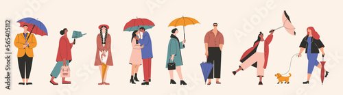 People with umbrellas. Cartoon characters holding parasols in rainy weather  man woman walking in downpour. Vector set