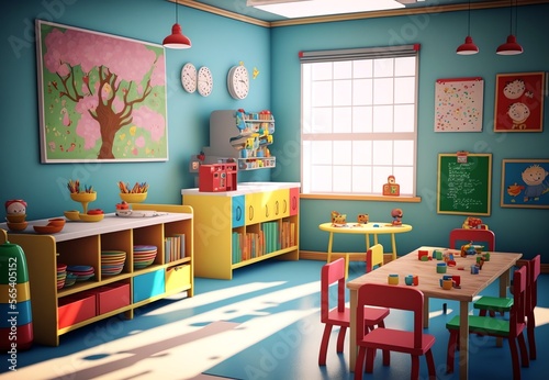 Nursery room, pre school.  Childcare center interior. Generative AI.