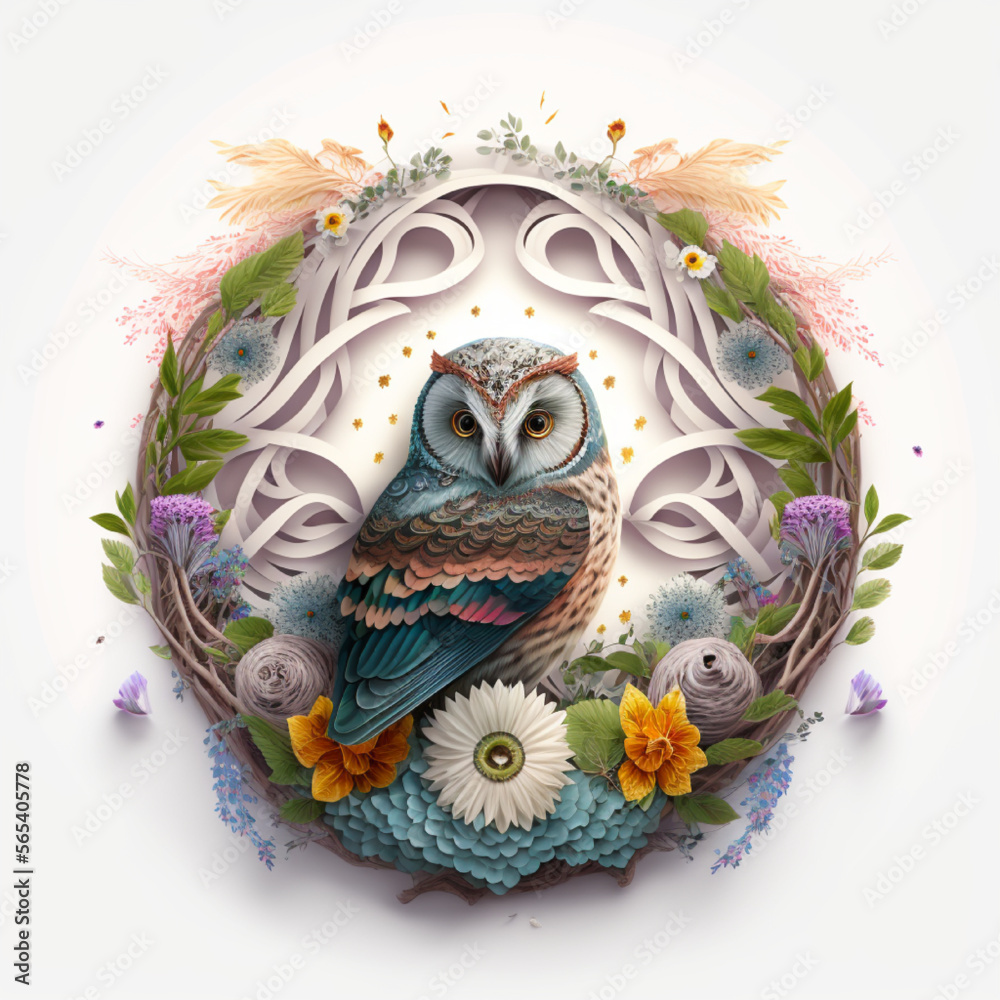 Fototapeta premium Flat Cute fairytale owl inside a flat spiral of flowers on white background