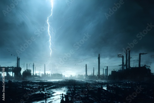 A dramatic storm over a destroyed industrial landscape. 