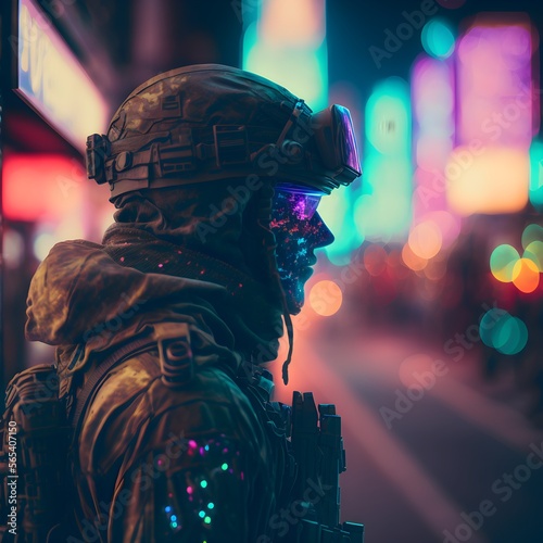soldier with obscured face looking away on a neon street shallow depth of field