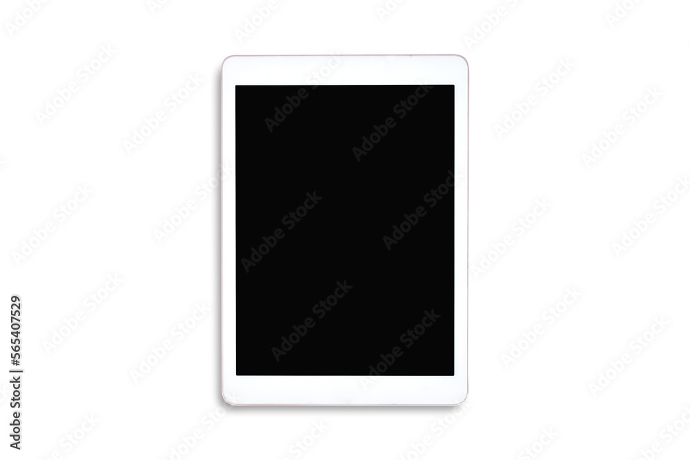 Clipping path. Top view to white tablet computer isolated and Empty(Blank) black screen on white background view. Flat lay of Tablet isolated. Mockup Clipping path. Top view to white tablet computer isolated and Empty(Blank) black screen on white background view. Flat lay of Tablet isolated. Mockup