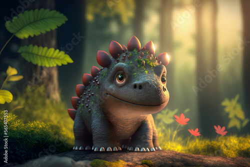 Cute baby dinosaur in forest 3d anime style. Generative ai  © Areerat