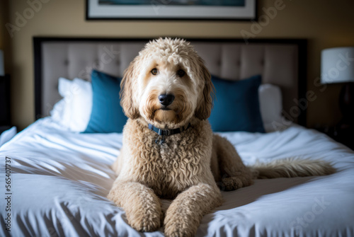 Goldendoodle Dog Laying in Bed | Generative AI