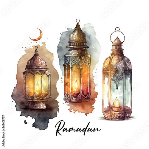 Ramadan flashlight Kareem. Mosque night. Arabic lanterns. Bright watercolor stains background. Vector illustration.
