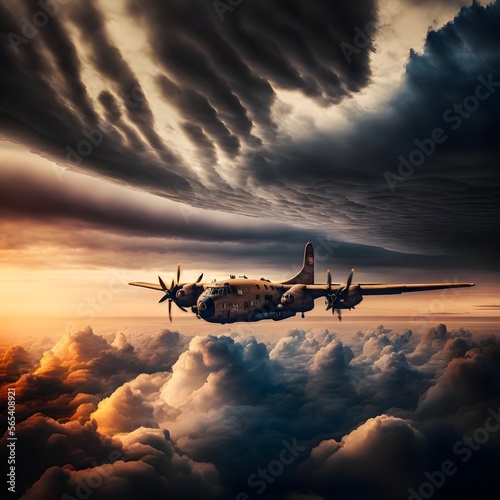 Military aircraft flying above Mammatus clouds