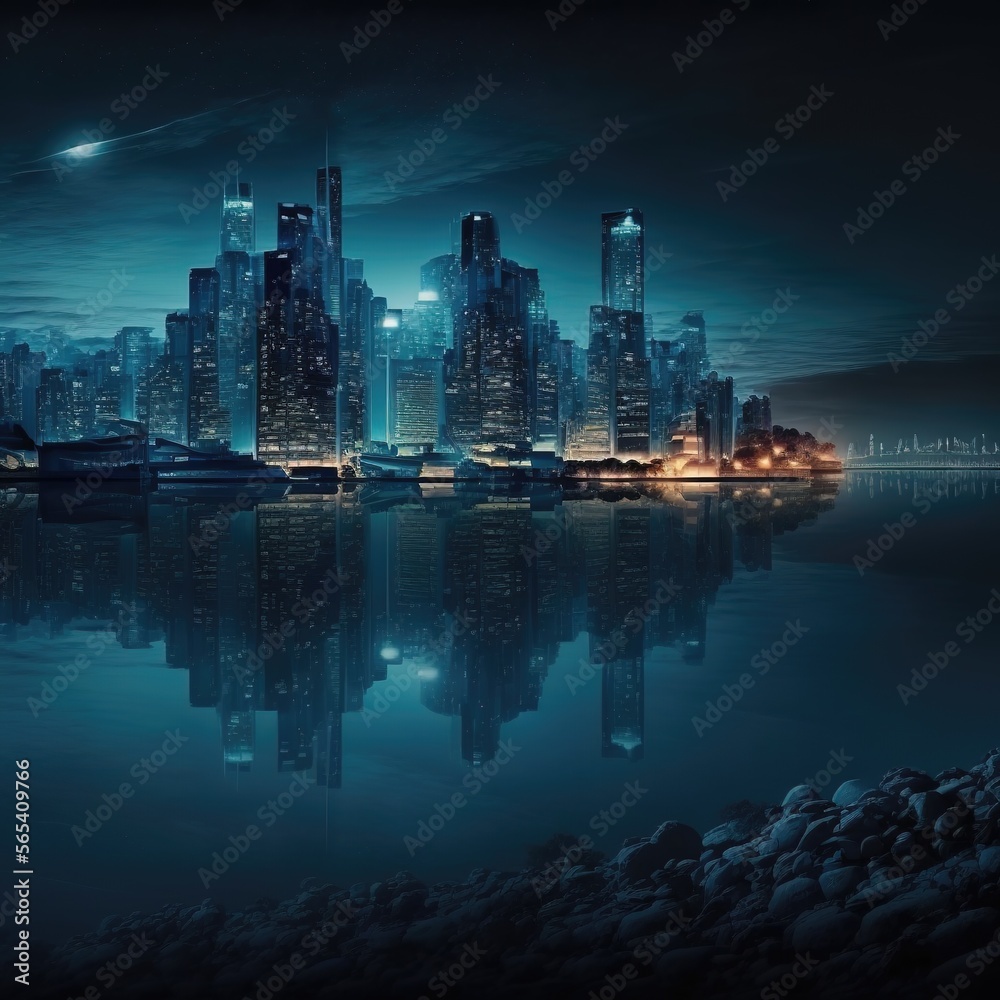 night scene of big city near the river, generative art by A.I.