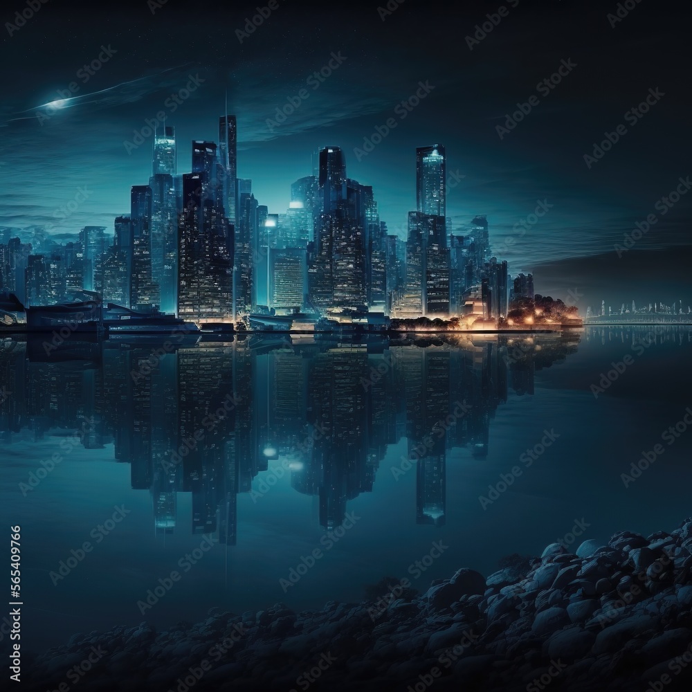 Fototapeta premium night scene of big city near the river, generative art by A.I.