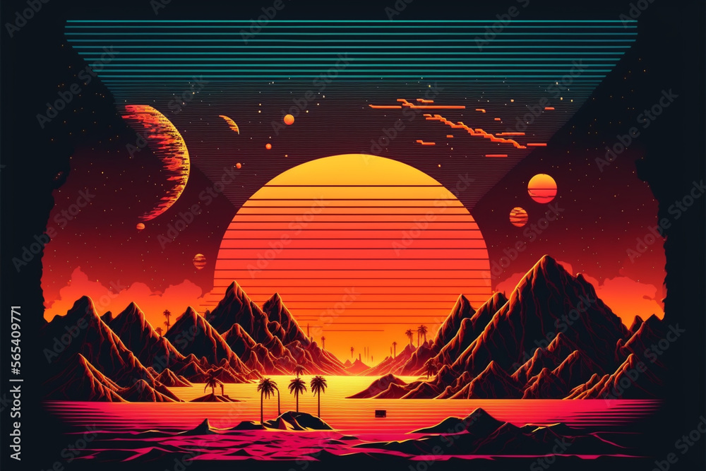 Retro Sci-Fi Background Futuristic landscape of the 80s, Digital Cyber Surface, Suitable for design in the style of the 1980`s