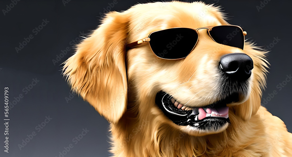 golden retriever dog wearing sunglasses looking to the side with open mouth, dark gray background. Generative Ai