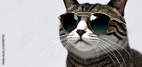 tabby cat, wearing fancy sunglasses, looking to the side, light gray background. Generative Ai