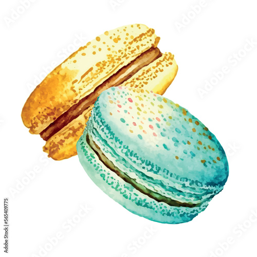 Watercolor image of blue macaroon decorated isolated on white background. Hand drawn illustration of popular crunchy dessert for cafe decoration