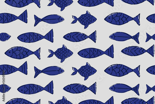 DOODLE FISHES WITH BLOCK PRINT DETAIL SEAMLESS PATTERN IN EDITABLE VECTOR FILE