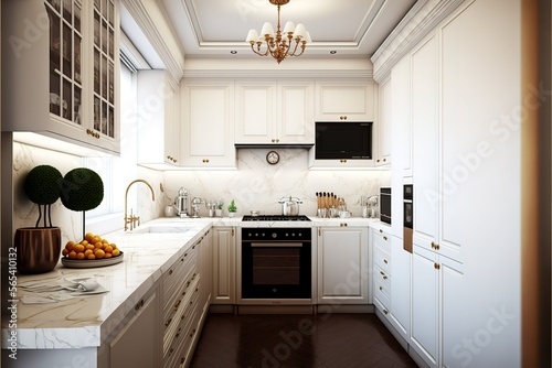 General view of luxury kitchen with white counter tops and cupboards