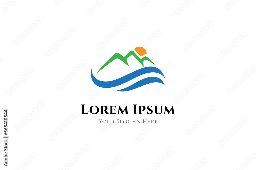 mountains and river logo, natural landscape logo design template