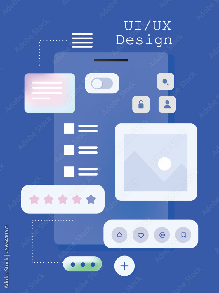 Layout of mobile application blocks on the smartphone screen. UX / UI design concept in web development. Mobile application interface template. Creative project progress and solution. Modern vector fl Layout of mobile application blocks on the smartphone screen. UX / UI design concept in web development. Mobile application interface template. Creative project progress and solution. Modern vector fl