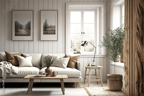 Interior of a beige living room decorated in a Scandinavian farmhouse style with natural wood furnishings. Wall background mockup. illustration