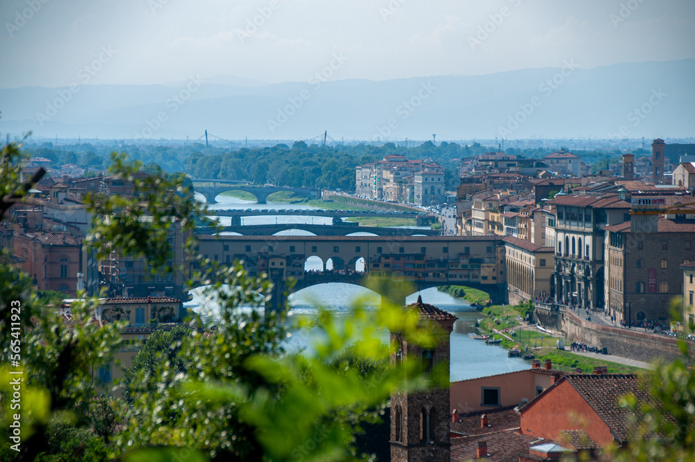 Fototapeta premium A high-angle view of Florence Italy on a beautiful sunny day in the summer with plants & bridges in the foreground