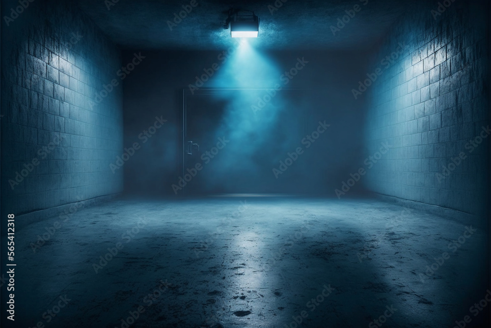 Dark stage shows, dark blue background, an empty dark scene, neon light and spotlights, Generative Ai