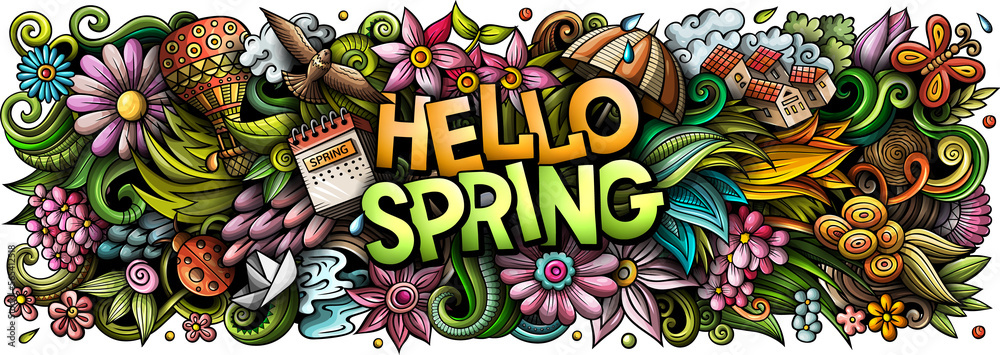 Hello Spring detailed lettering cartoon illustration