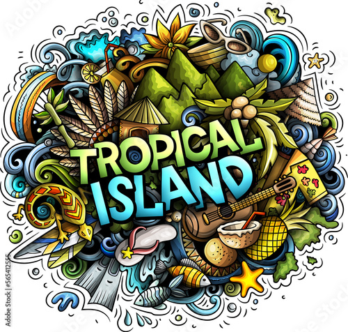 Tropical Island detailed lettering cartoon illustration