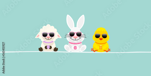 Schaf, Weißer Osterhase & Küken Sonnenbrille Banner Türkis