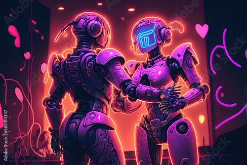 A robot couple dancing in a futuristic, neon-lit dance club on Valentine's Day, generative ai