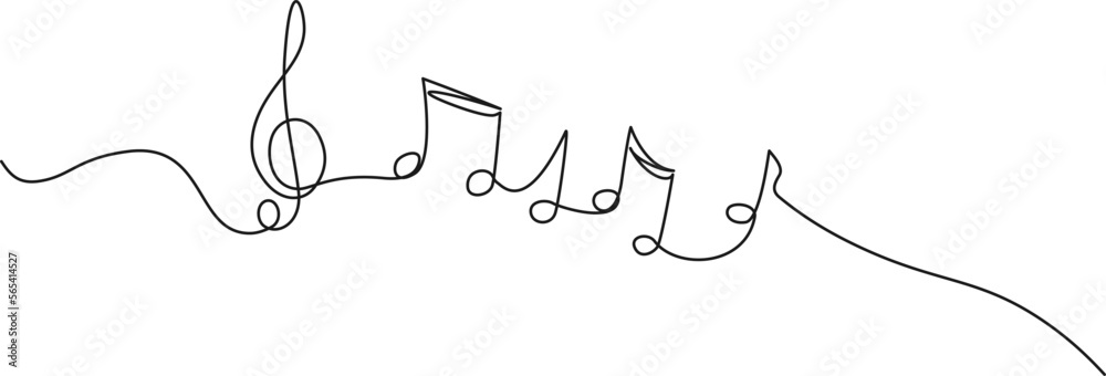 continuous single line drawing of music notes and treble clef, abstract sheet music line art vector illustration