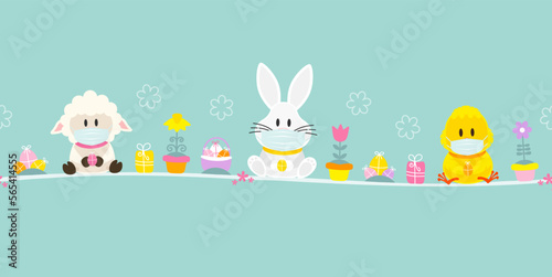 Schaf, Weißer Osterhase & Küken Maske Icons Banner Türkis