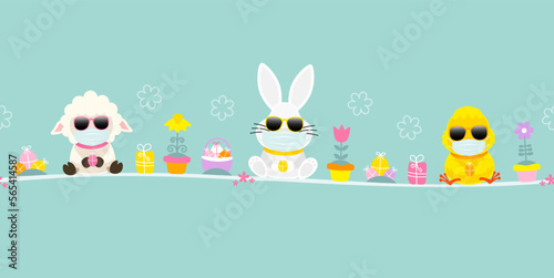 Schaf, Weißer Osterhase & Küken Maske Sonnenbrille Icons Banner Türkis