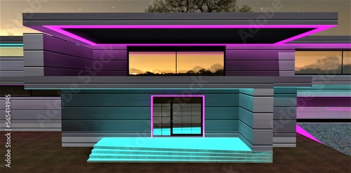 Glowiing porch of the newly built smart house with metal facade and pink LED stripe as a night decoration. 3d rendering.