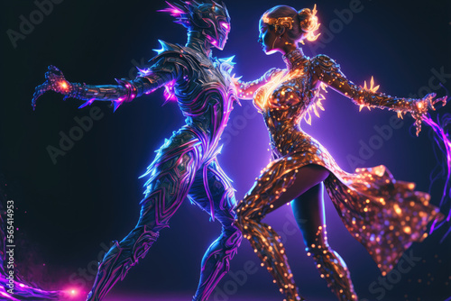 couple in futuristic attire dancing in a neon-lit dance club on Valentine's Day, generative ai
