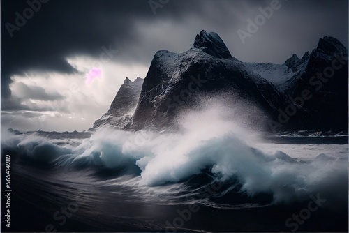 Fototapete Stormy landscape with sea waves splashing and dark cliffs in background
