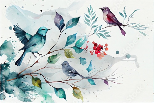 Birds and branches watercolor illustration on white background.