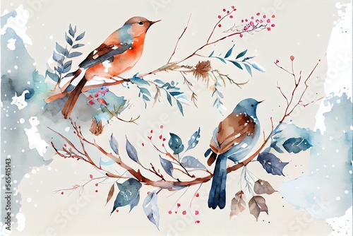 Birds on branches watercolor background Christmas illustration on white.