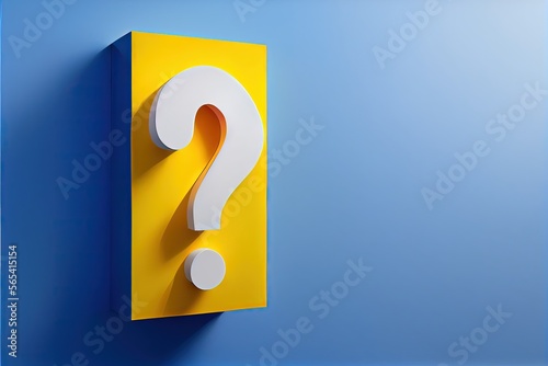 White question mark on yellow block on blue background with copy space. 3d illustration.
