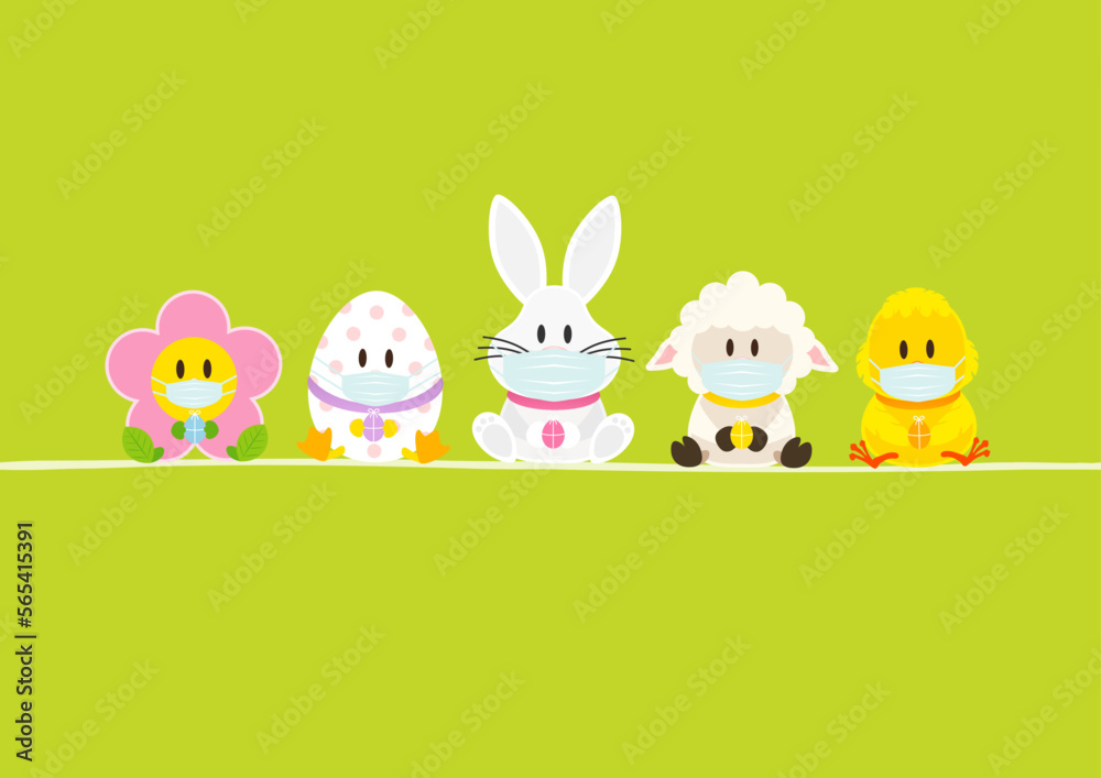Obraz premium Karte Weißer Osterhase & Freunde Mit Küken Maske Banner Grün
