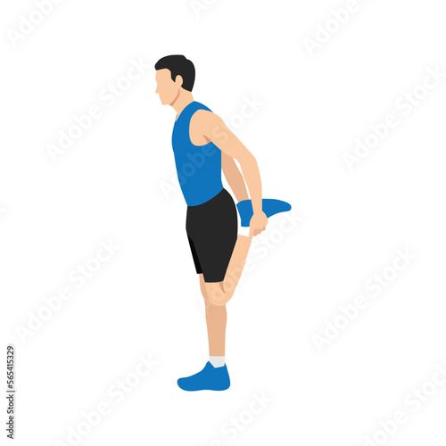 Man doing quadriceps stretch, cool down exercise. Balance pose, flexibility improvement. Flat vector illustration isolated on white background