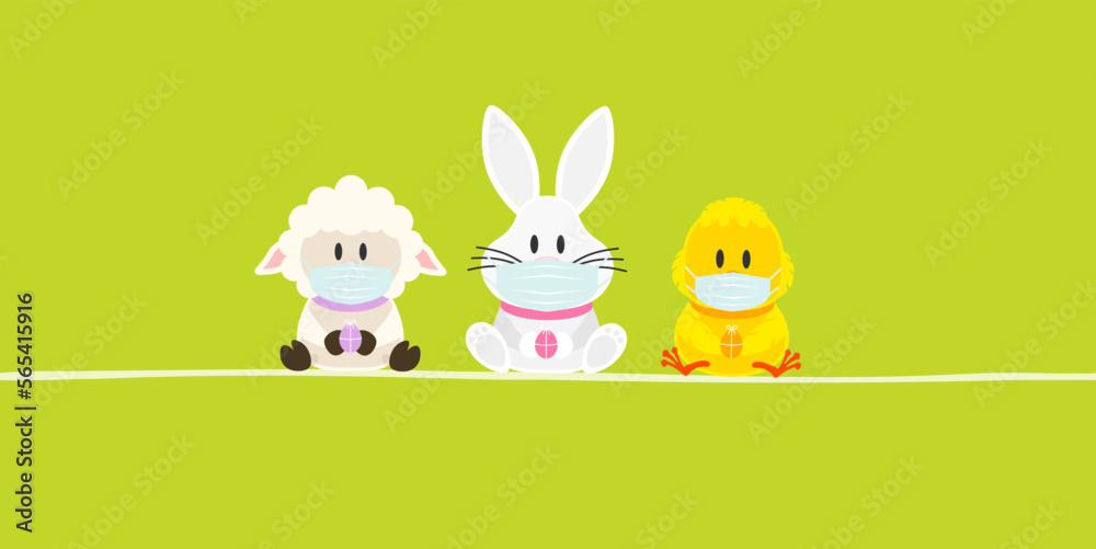 Schaf, Weißer Osterhase & Küken Maske Banner Grün