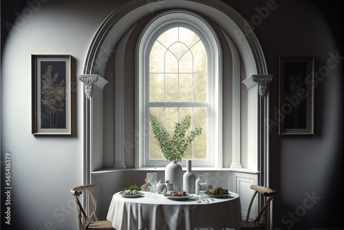 White dining room corner with arched windows