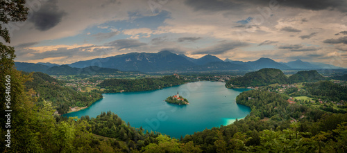 Island on lake in Bled town in Slovenia in cloudy summer day