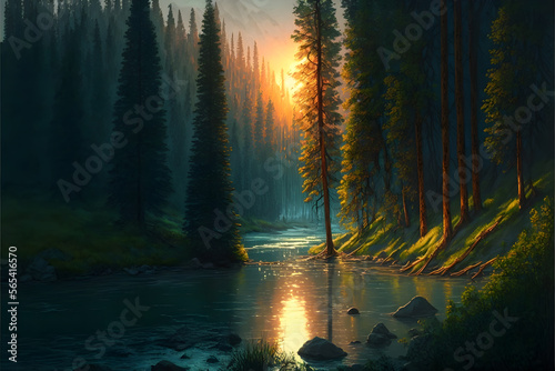 Realistic forest landscape. Sunrise panorama over the river forest created with Generative AI Technology