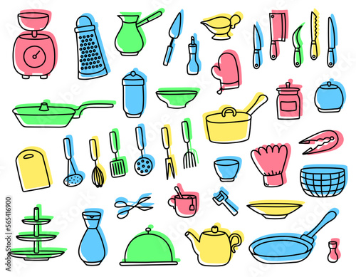 Set of flat colorful hand drawn kitchenware - kettles, pans, tableware, knives, glasses, cups, jars, plates, etc. Linear freehand kitchen utensils for cooking. Outline doodle cutlery silhouettes