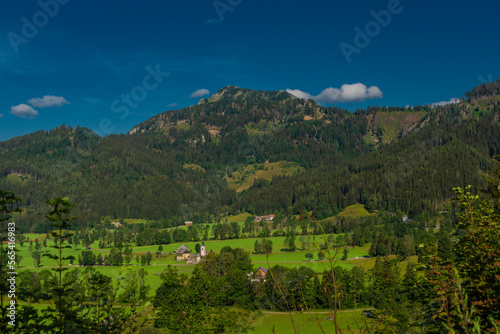 View from lookout point over Jezersko village for summer fresh mountains